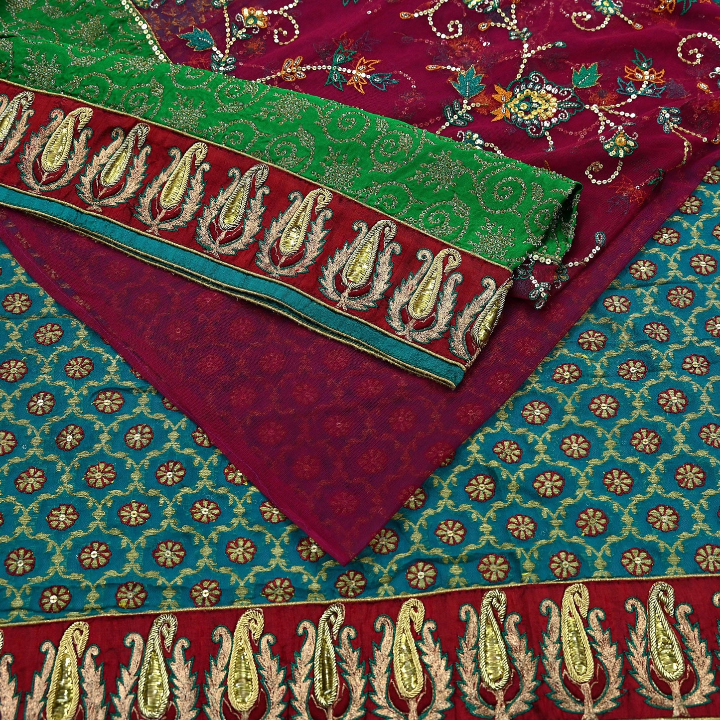 Indian Vintage Heavy Sari Red & Green Net/Georgette Silk Hand Embroidered Sarees Craft Fabric 5Yd Sewing Soft Zardozi With Blouse fabric