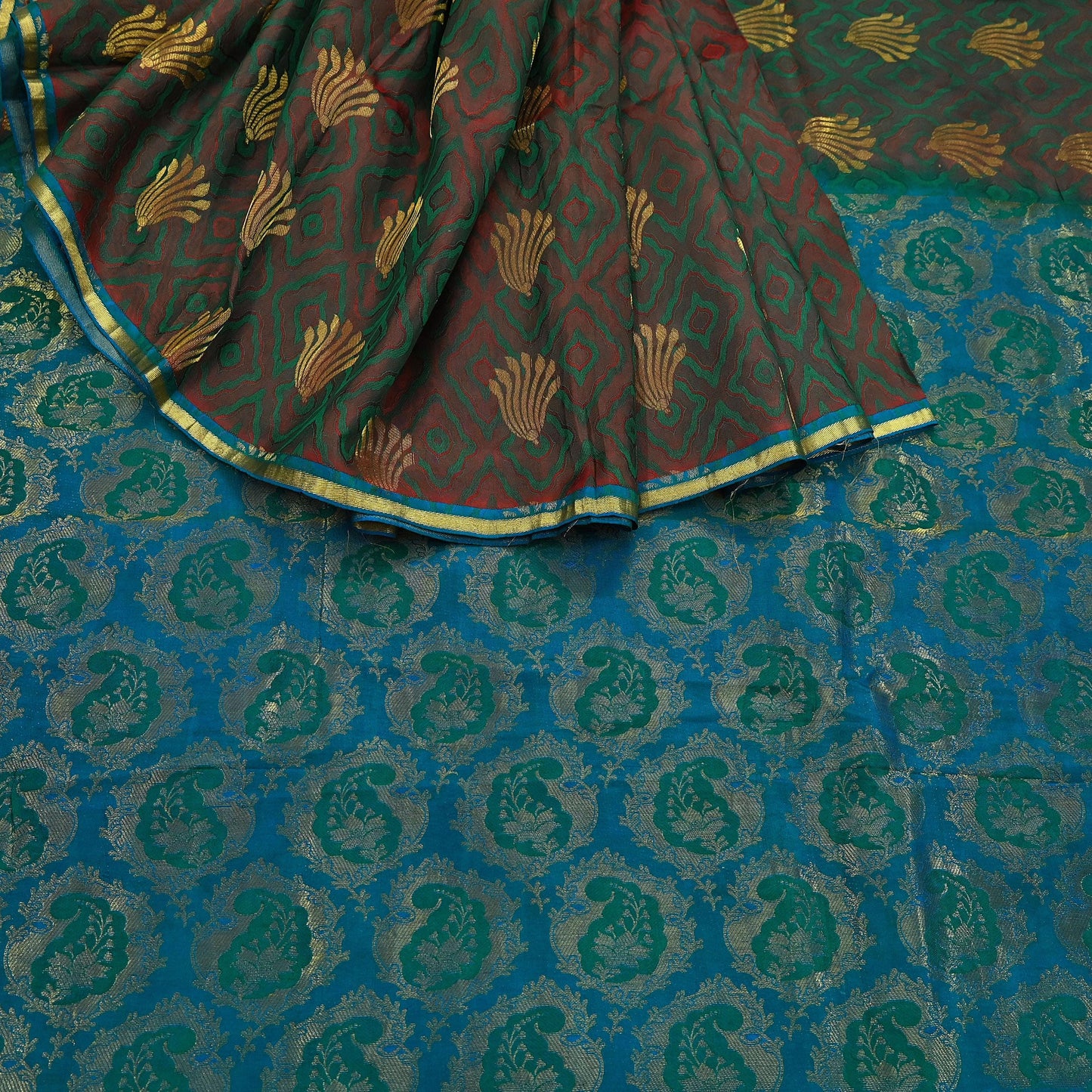 Indian Vintage Heavy Sari Green & Blue Kanjivaram Saree 100% Pure Silk Zari 5Yd Crafting Dress making For Crafting Quilting Upcycle