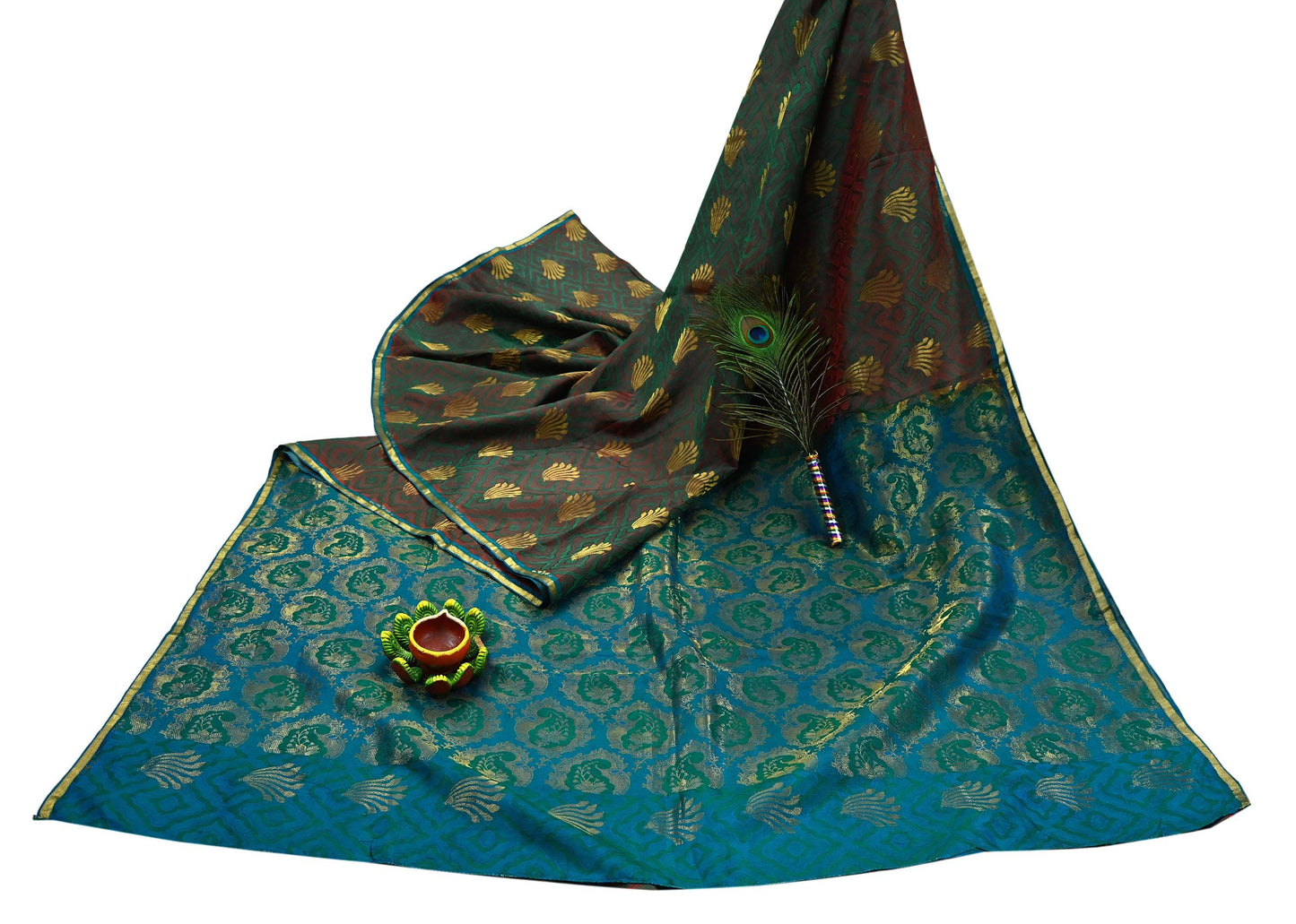 Indian Vintage Heavy Sari Green & Blue Kanjivaram Saree 100% Pure Silk Zari 5Yd Crafting Dress making For Crafting Quilting Upcycle
