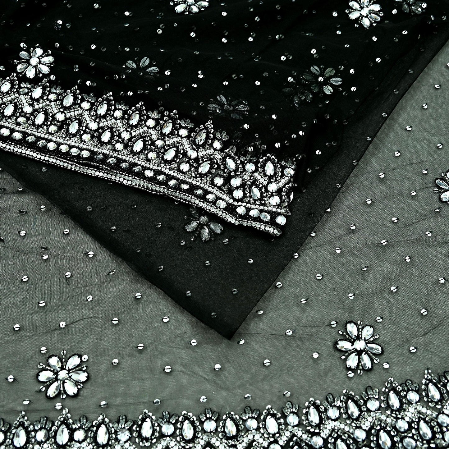 Indian Heavy Sari Black Net/Mesh Hand Embroidered Sarees Craft Fabric 6Yd Sewing Soft Zardozi Wedding sarees With Blouse fabric