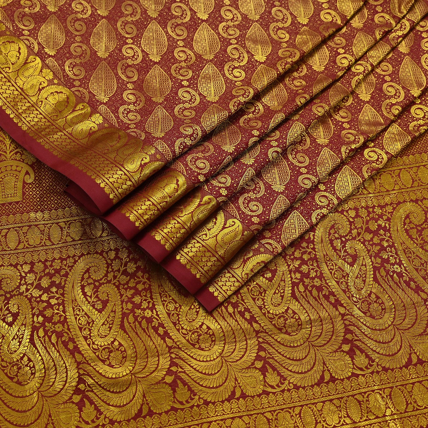 Vintage Heavy Sari Maroon Hand Woven Kanjivaram Artificial Silk Sarees Zari 5Yd Floral Craft Fabric Dress making Crafting Quilting