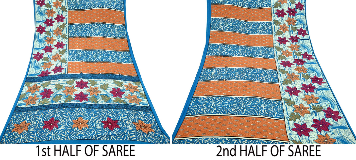 Indian Vintage Blue Saree Moss Crepe Printed Sari 5yd Sewing Floral Soft Craft Fabric Dressmaking For Crafting Quilting Upcycle Boho