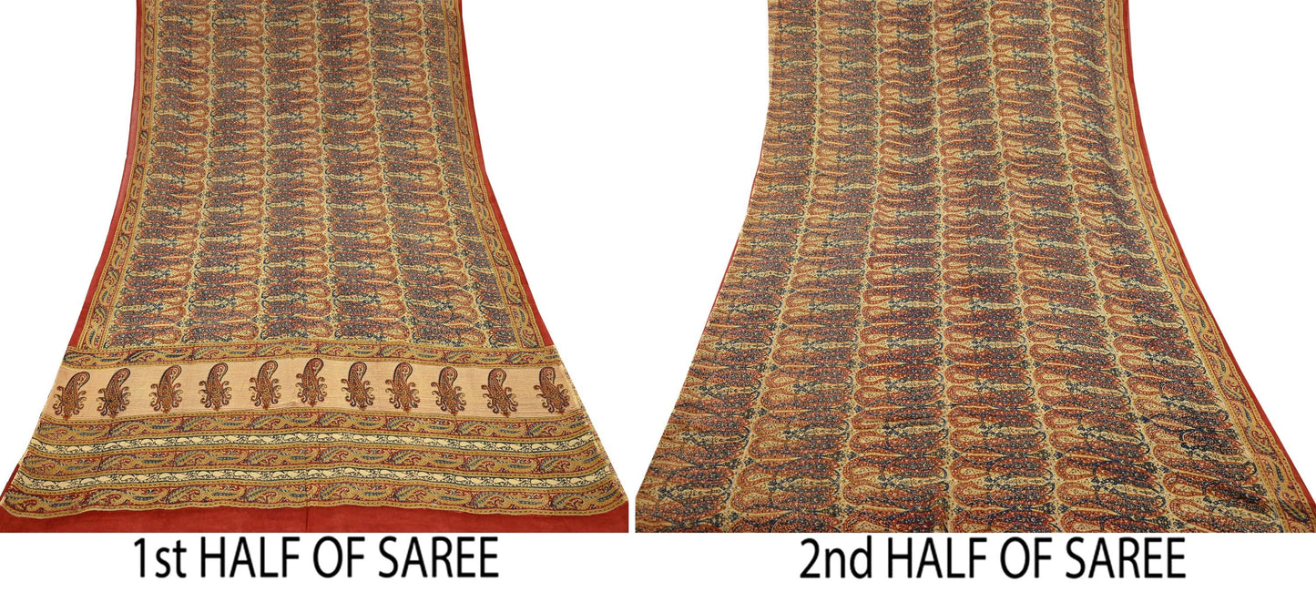 Indian Vintage Beige Pure Georgette Silk Sari | 5 Yards Block Printed Paisley Fabric | Sewing, Quilting, Dressmaking & Upcycle Crafts