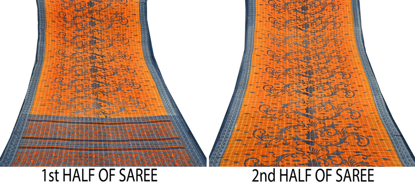 Indian Vintage Sari Gray & Orange Printed Pure Cotton Saree Craft Fabric Soft Floral 5Yd Sarong Wrap Boho Kimono Soft Dress making Quilting