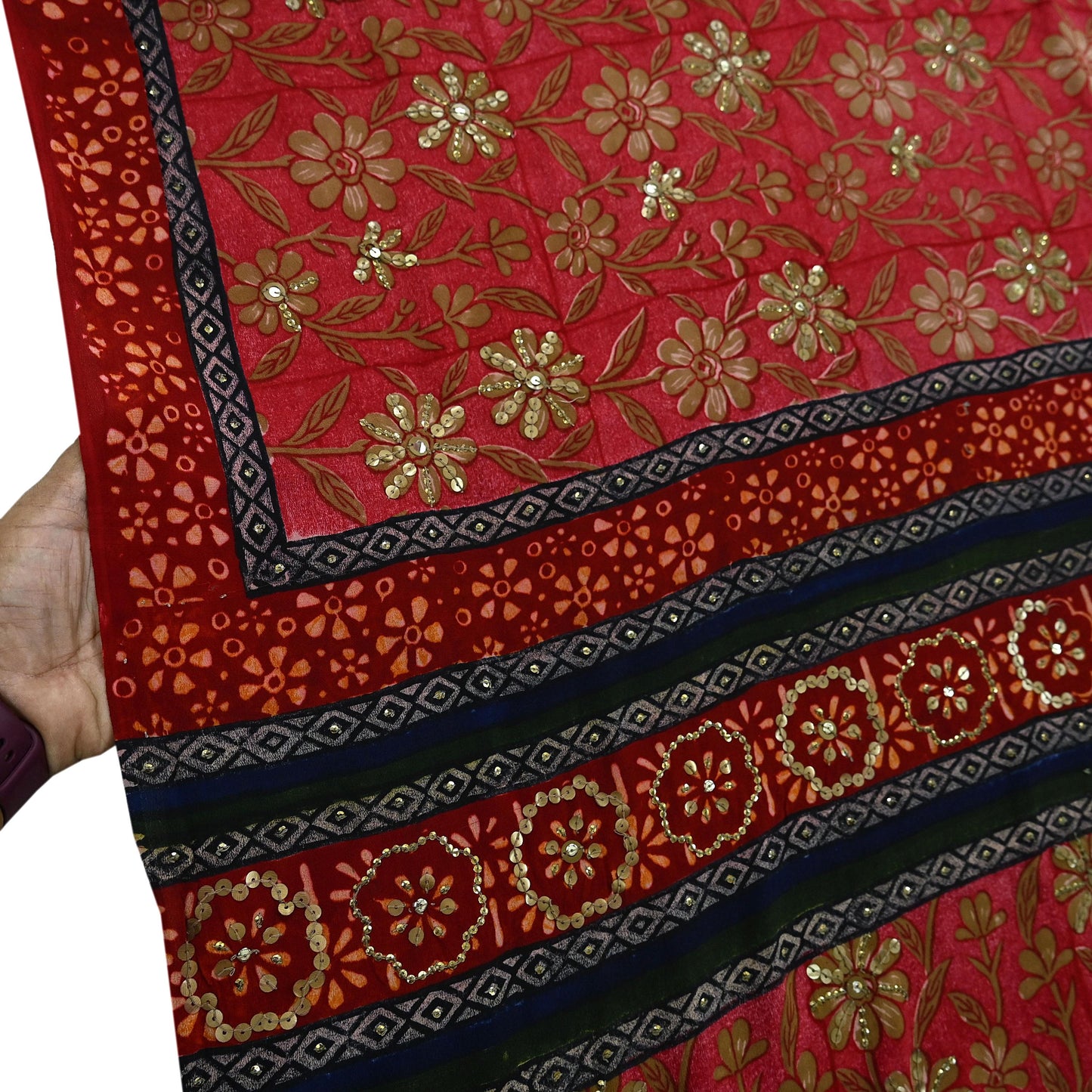 Indian Vintage Sari Red Pure Crepe Silk Hand Embroidered Sarees 5yd Sewing Craft Fabric Dress Making Floral Sequins Upcycle Quilting