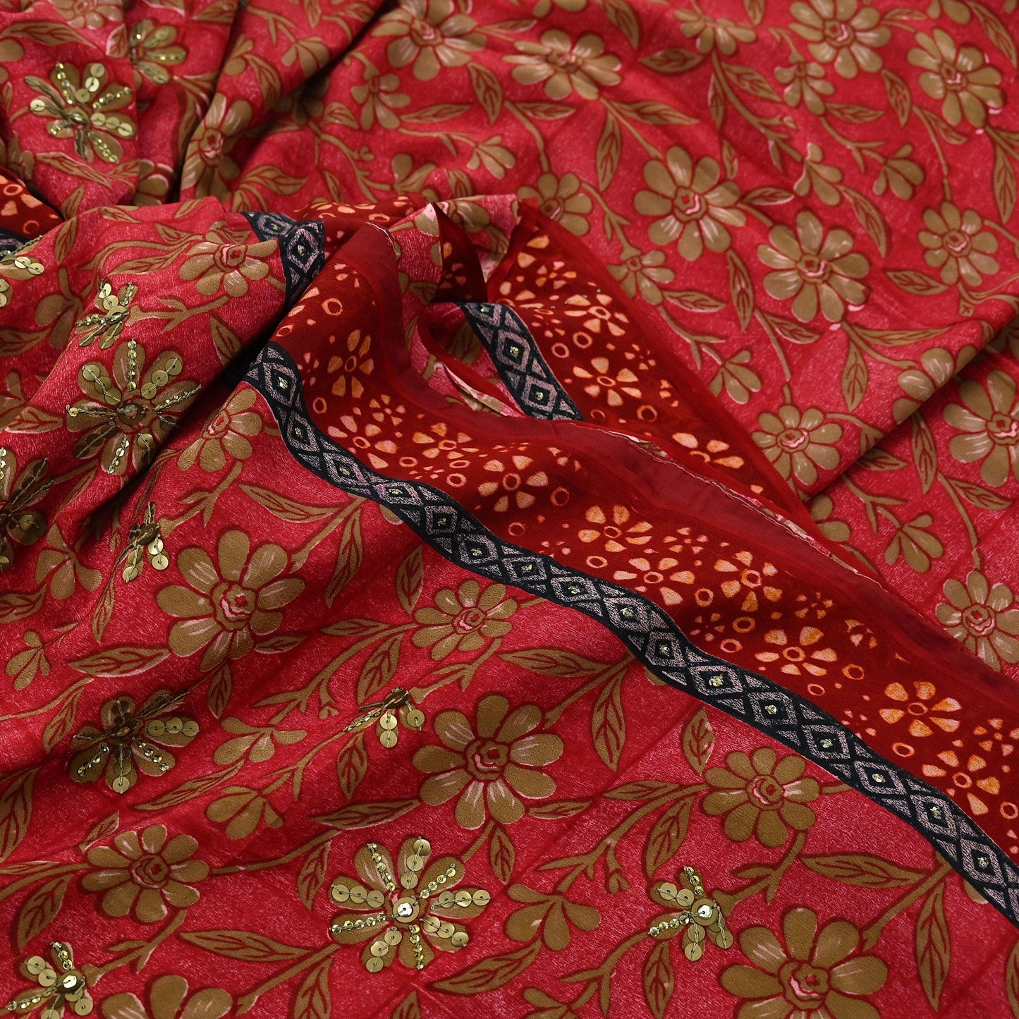 Indian Vintage Sari Red Pure Crepe Silk Hand Embroidered Sarees 5yd Sewing Craft Fabric Dress Making Floral Sequins Upcycle Quilting