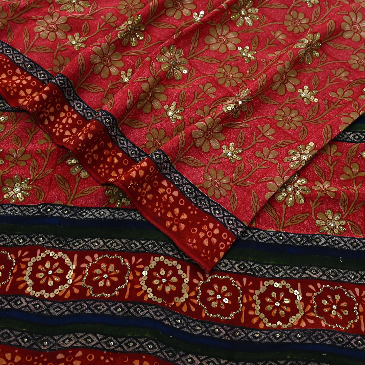Indian Vintage Sari Red Pure Crepe Silk Hand Embroidered Sarees 5yd Sewing Craft Fabric Dress Making Floral Sequins Upcycle Quilting