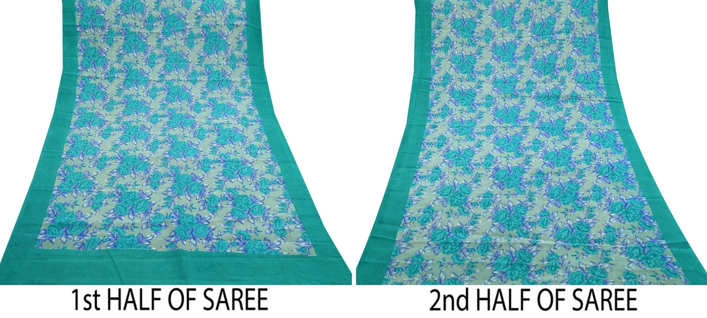Indian Vintage Sari Green & Gray Pure Crepe Silk Printed Sarees 5yd Sewing Craft Fabric Wrap Upcycle Quilting Crafting Dress making