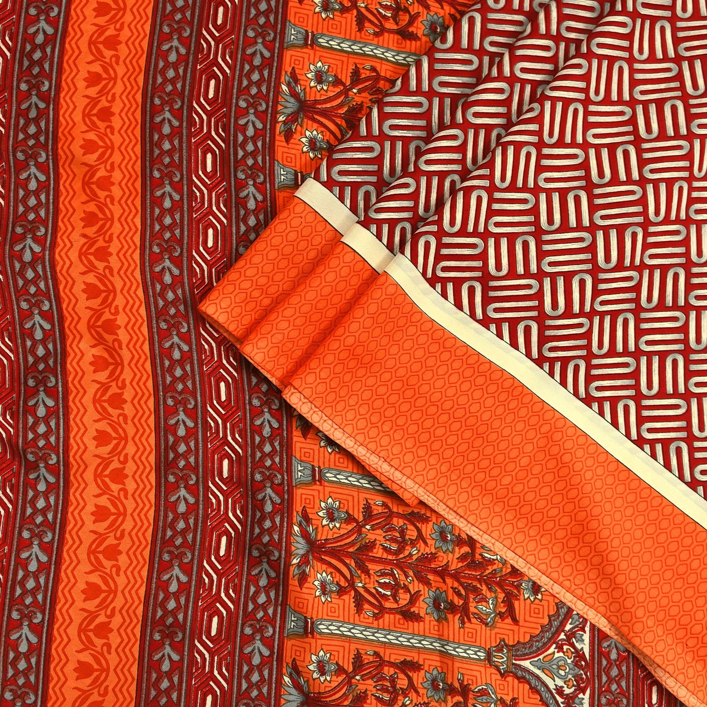 Indian Vintage Sari Orange & Red Moss Crepe Printed Sarees 6yd Craft Fabric Sewing Floral Soft Dressmaking Quilting Crafting Upcycle Used