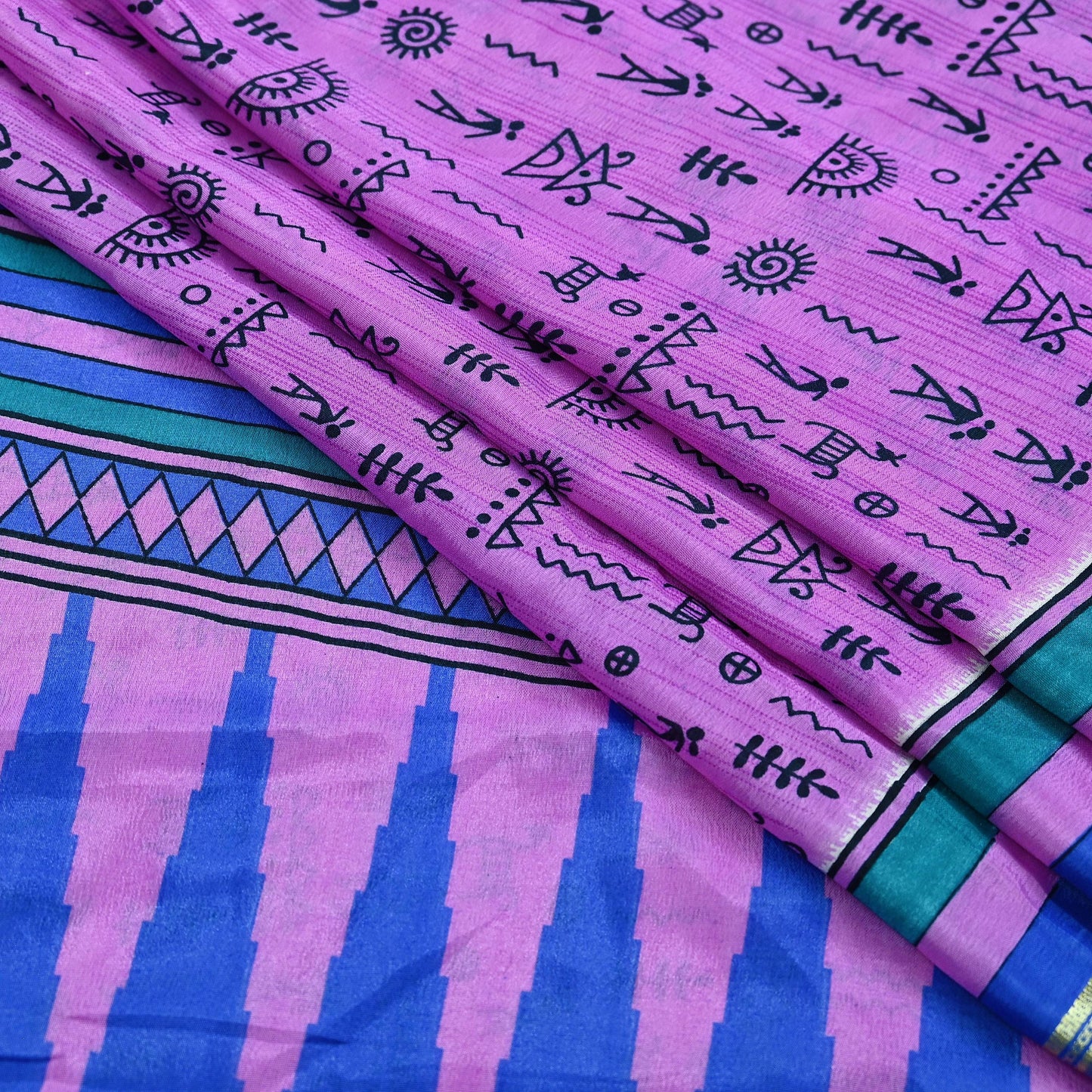 Indian Vintage Saree Pink & Blue Moss Crepe Warli Printed Sari 5yd Sewing Soft Craft Fabric Dressmaking For Crafting Quilting Upcycle