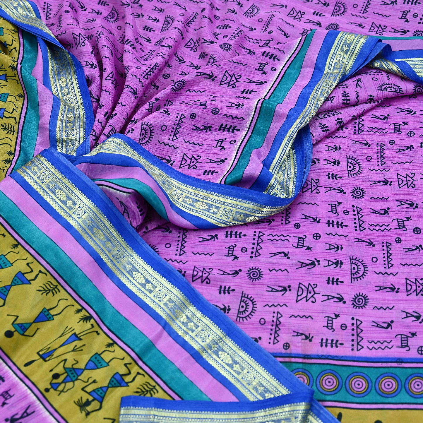 Indian Vintage Saree Pink & Blue Moss Crepe Warli Printed Sari 5yd Sewing Soft Craft Fabric Dressmaking For Crafting Quilting Upcycle
