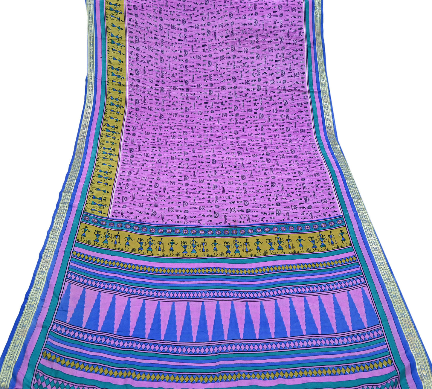 Indian Vintage Saree Pink & Blue Moss Crepe Warli Printed Sari 5yd Sewing Soft Craft Fabric Dressmaking For Crafting Quilting Upcycle