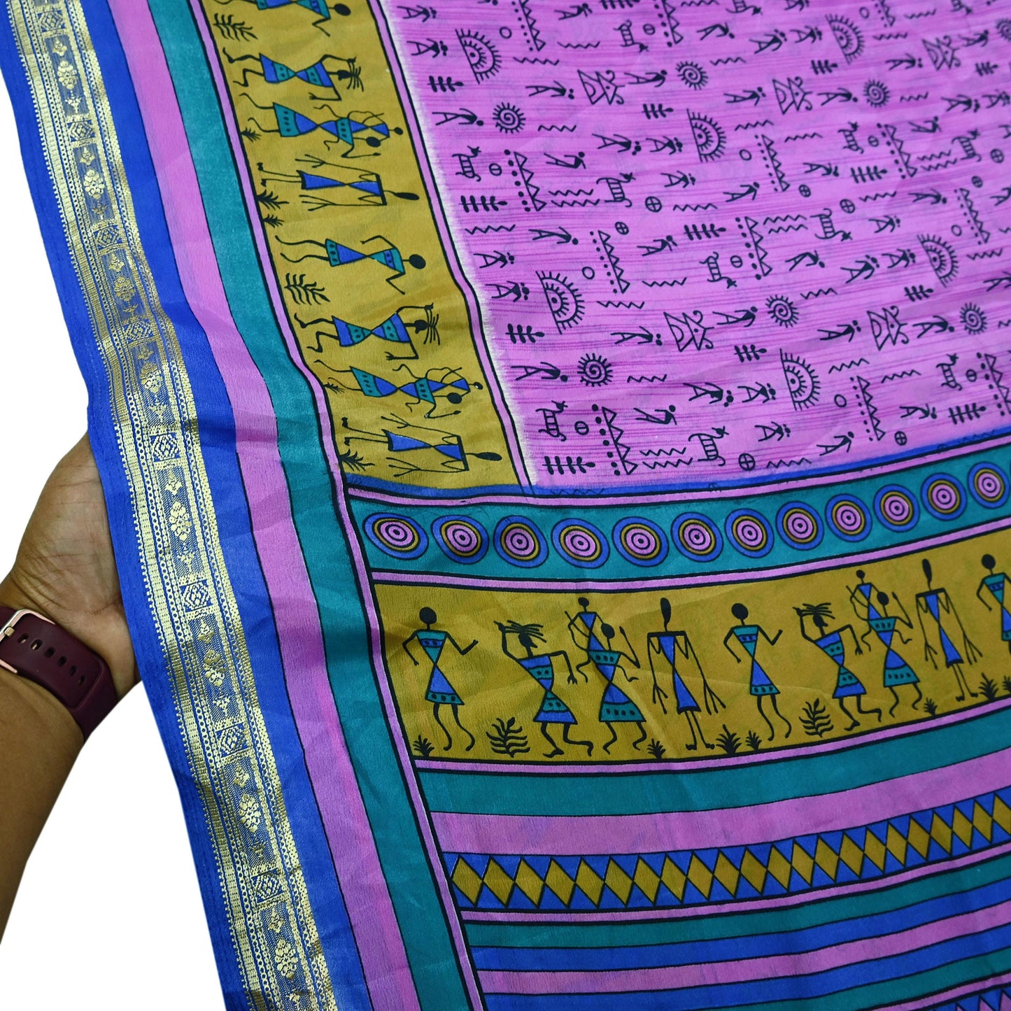 Indian Vintage Saree Pink & Blue Moss Crepe Warli Printed Sari 5yd Sewing Soft Craft Fabric Dressmaking For Crafting Quilting Upcycle