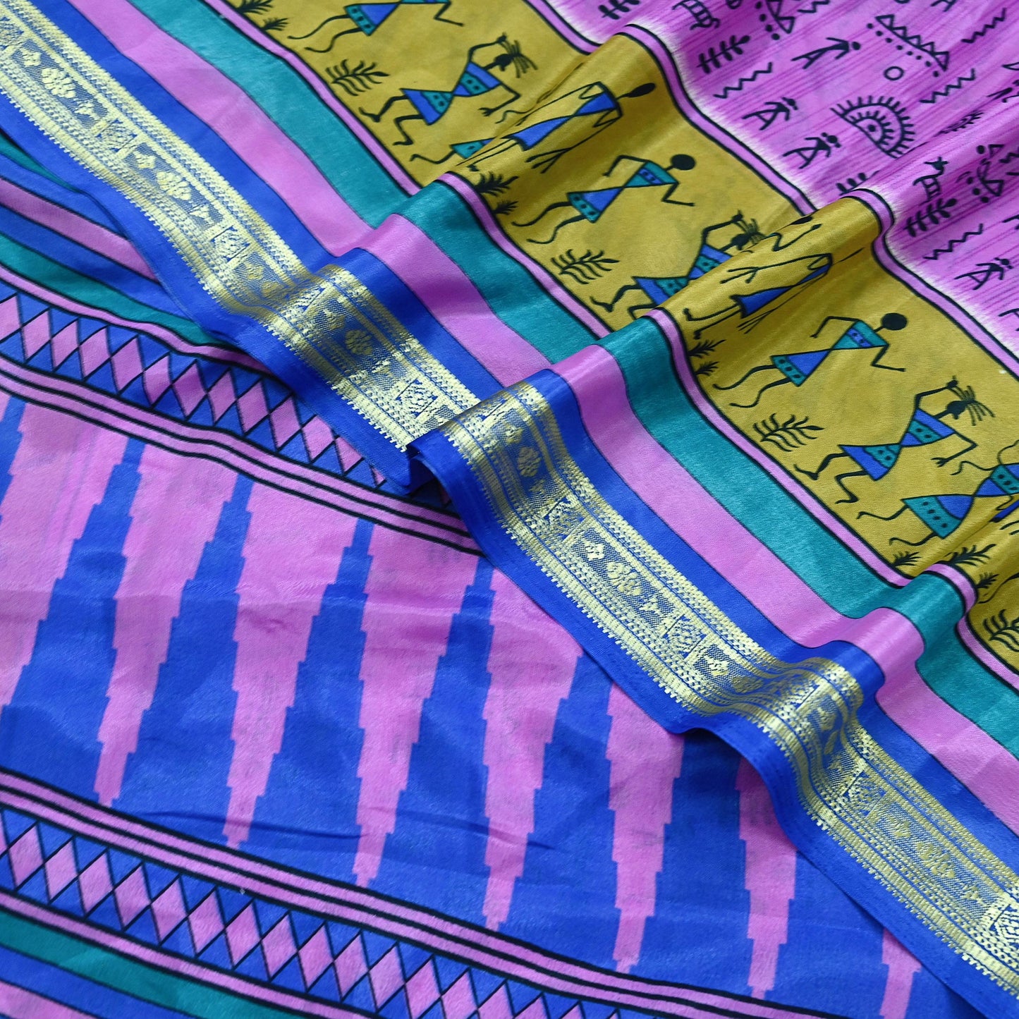 Indian Vintage Saree Pink & Blue Moss Crepe Warli Printed Sari 5yd Sewing Soft Craft Fabric Dressmaking For Crafting Quilting Upcycle
