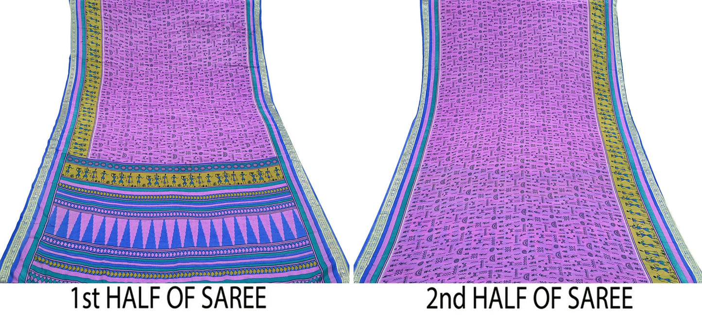 Indian Vintage Saree Pink & Blue Moss Crepe Warli Printed Sari 5yd Sewing Soft Craft Fabric Dressmaking For Crafting Quilting Upcycle