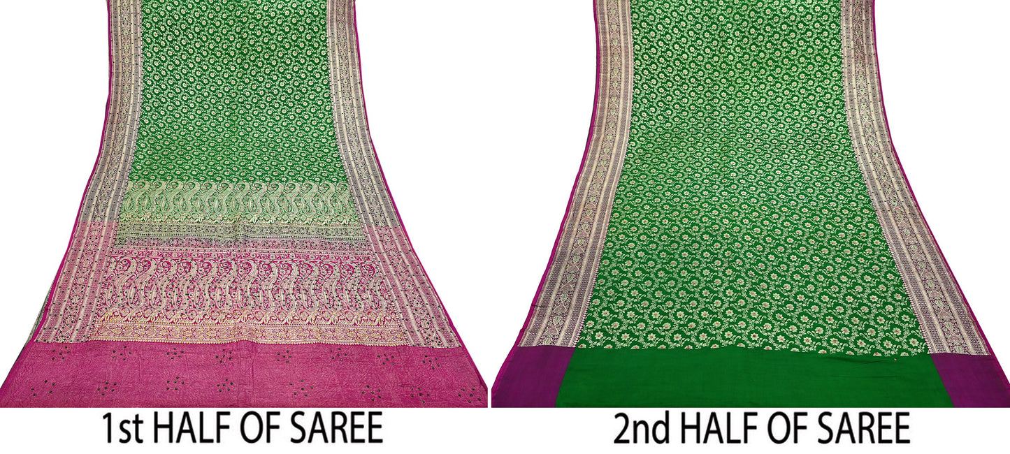 Indian Vintage Heavy Wedding Banarasi Sari 5 Yards Pure Satin Silk Hand-Embroidered Zari, Work Brocade Craft Fabric for Dressmaking