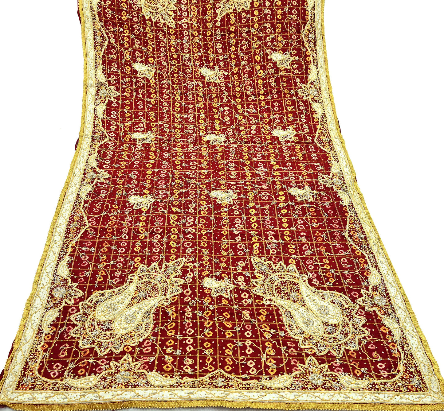 Indian Vintage Heavy Bridal Maroon Dupatta Pure Cotton Long Stole Hand Embroidered Bandhani Gharchola Scarves Wedding/Party Wear Peacock