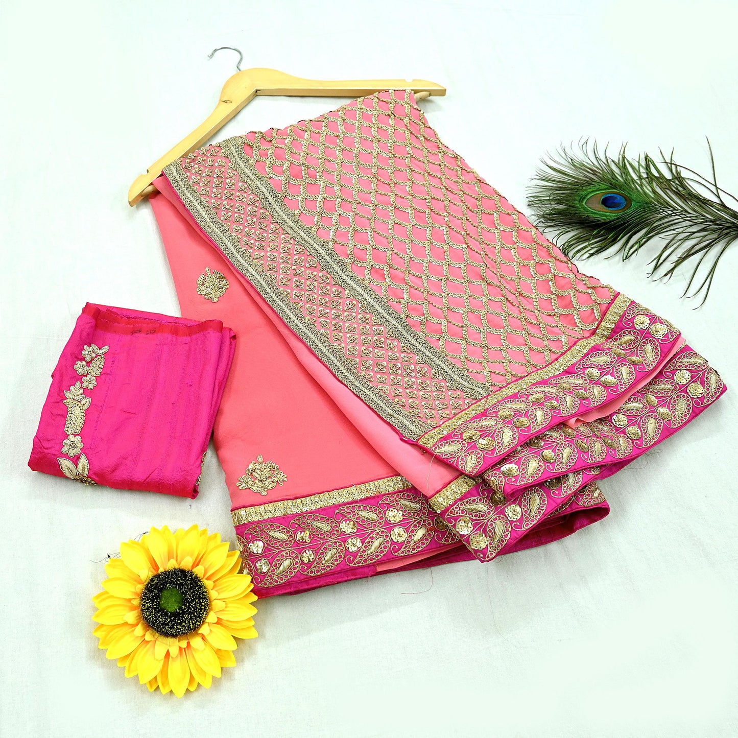 Indian Heavy Sari Peach Pure Georgette Silk Hand Embroidered Sarees Designer Sabyasachi 6Yd Sewing Ethnic Sarees With Blouse Fabric