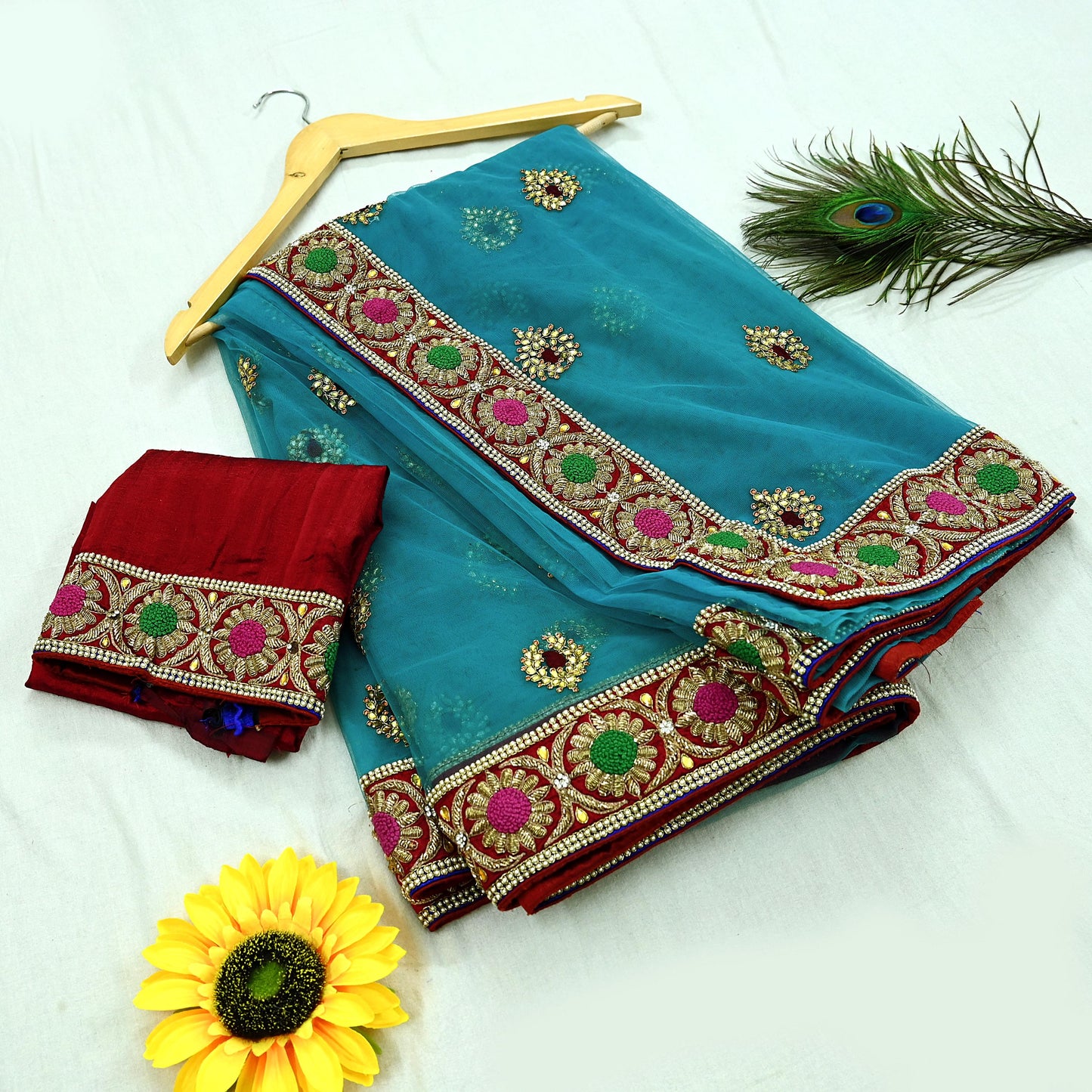 Indian New Heavy Wedding Sari Blue Net/Mesh Hand Embroidered Sarees Designer Abu Jani 5Yd Sewing Ethnic Zardozi/ Dabka With Blouse fabric