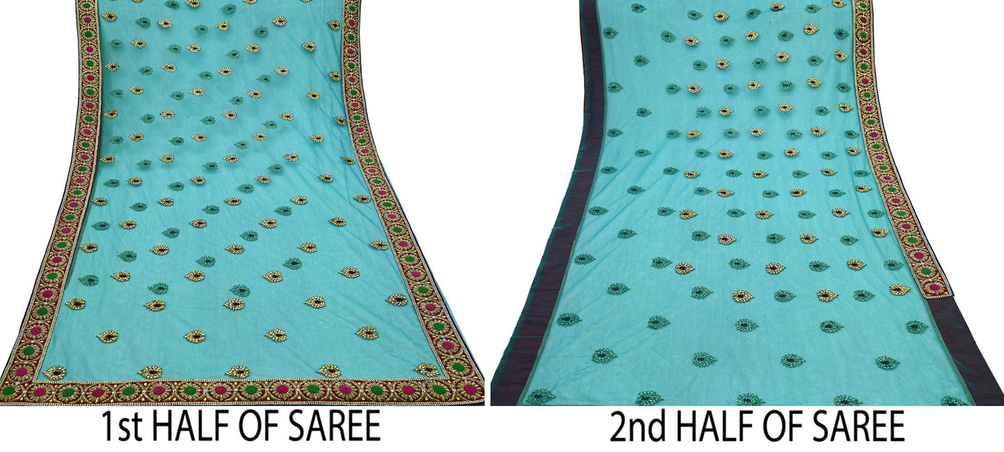 Indian New Heavy Wedding Sari Blue Net/Mesh Hand Embroidered Sarees Designer Abu Jani 5Yd Sewing Ethnic Zardozi/ Dabka With Blouse fabric