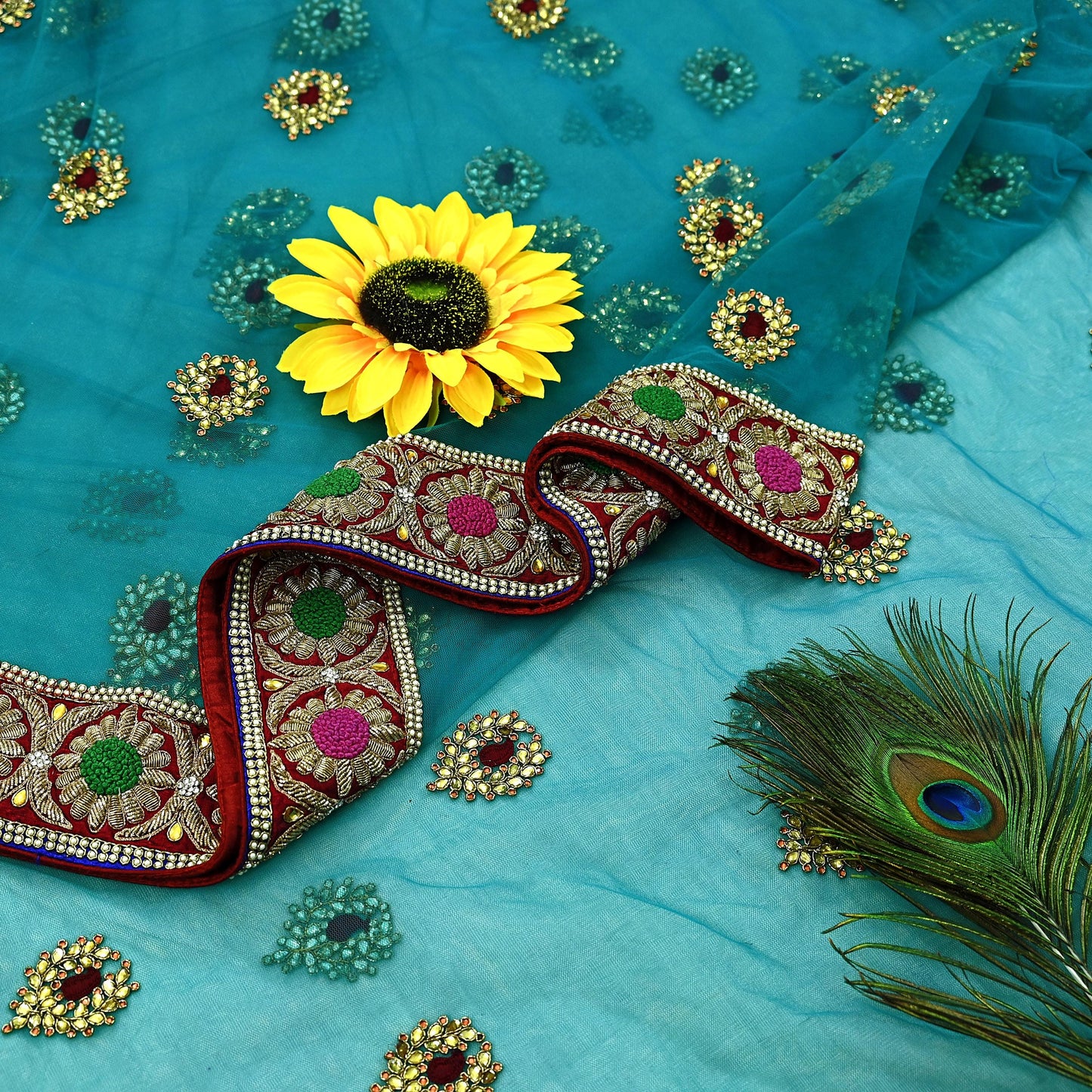 Indian New Heavy Wedding Sari Blue Net/Mesh Hand Embroidered Sarees Designer Abu Jani 5Yd Sewing Ethnic Zardozi/ Dabka With Blouse fabric