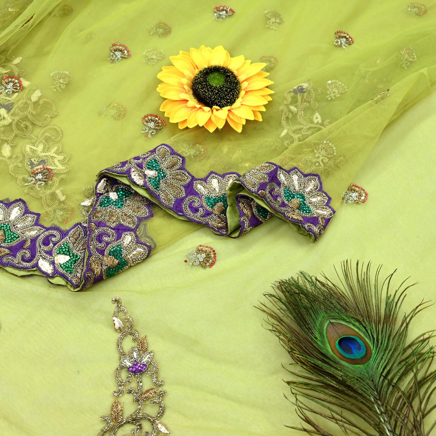 Indian New Heavy Sari Nion Green Net/Mesh Hand Embroidered Designer Manish Malhotra Sarees 6Yd Ethnic Zardozi/Dabka Zari With Blouse Fabric