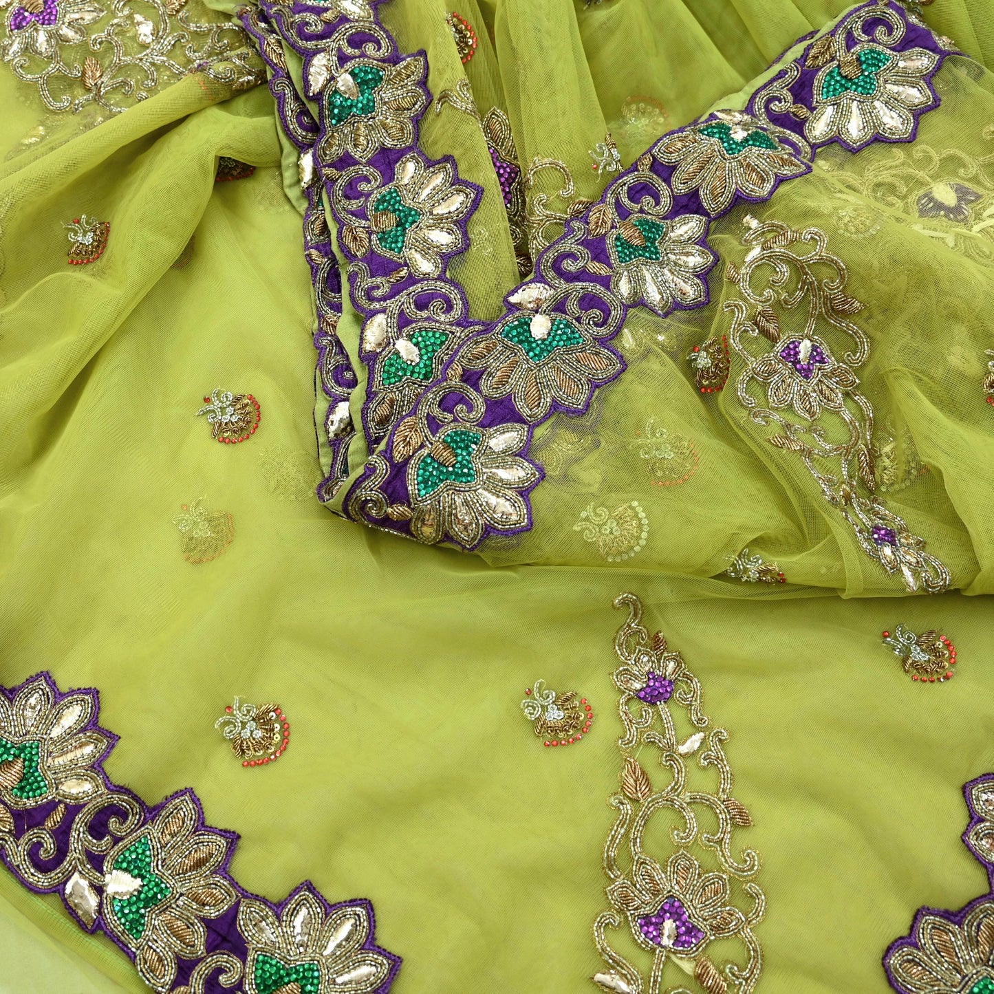 Indian New Heavy Sari Nion Green Net/Mesh Hand Embroidered Designer Manish Malhotra Sarees 6Yd Ethnic Zardozi/Dabka Zari With Blouse Fabric