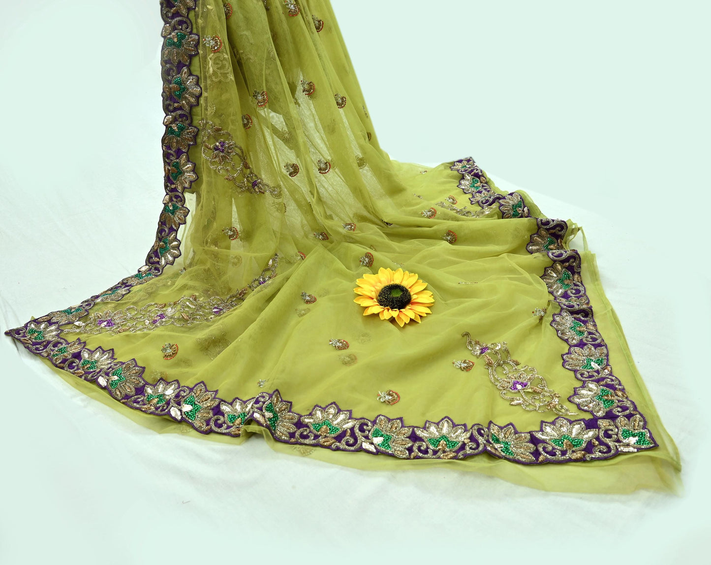 Indian New Heavy Sari Nion Green Net/Mesh Hand Embroidered Designer Manish Malhotra Sarees 6Yd Ethnic Zardozi/Dabka Zari With Blouse Fabric