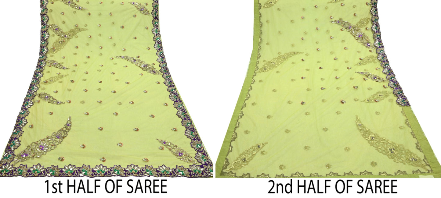 Indian New Heavy Sari Nion Green Net/Mesh Hand Embroidered Designer Manish Malhotra Sarees 6Yd Ethnic Zardozi/Dabka Zari With Blouse Fabric