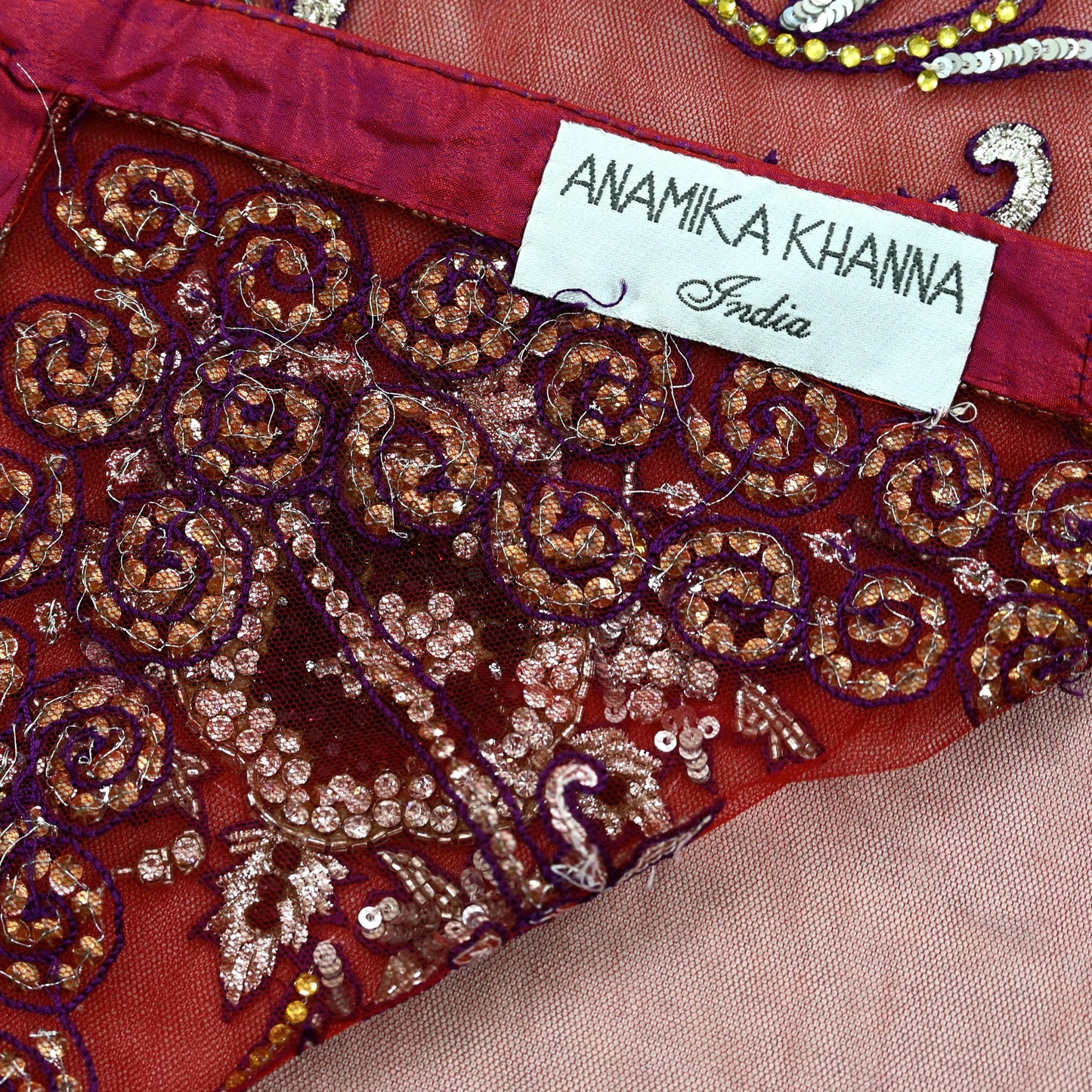 Indian New Sari Red Net/Mesh Hand Embroidered Anamika Khanna Designer Sarees Ethnic 6Yd Sewing Zardozi, Dabka Zari With Blouse Fabric