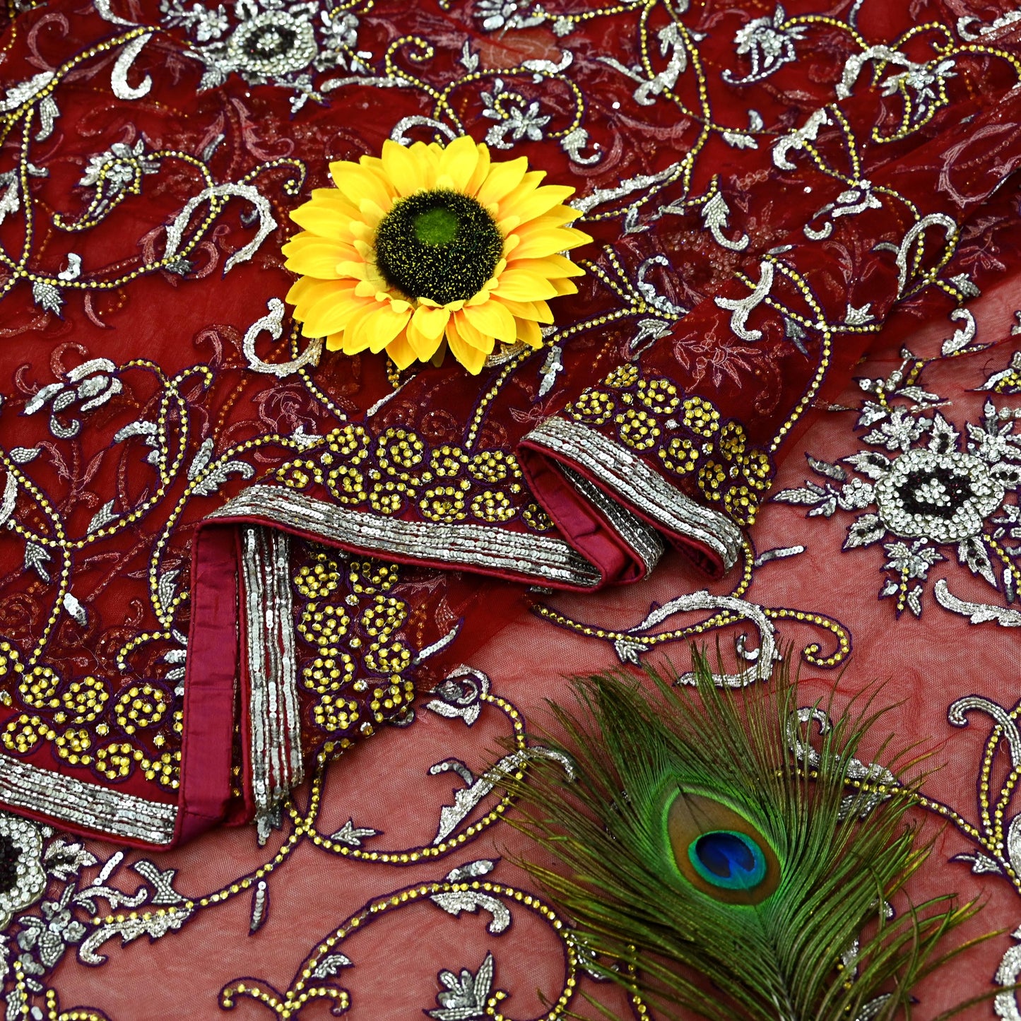 Indian New Sari Red Net/Mesh Hand Embroidered Anamika Khanna Designer Sarees Ethnic 6Yd Sewing Zardozi, Dabka Zari With Blouse Fabric