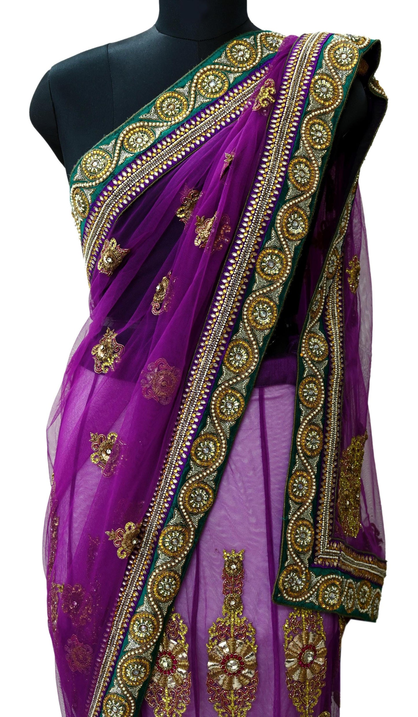 Indian New Heavy Sari Purple Net/Mesh Hand Embroidered Designer Manish Malhotra Lehenga Sarees 5Yd Ethnic Zardozi With Blouse Fabric