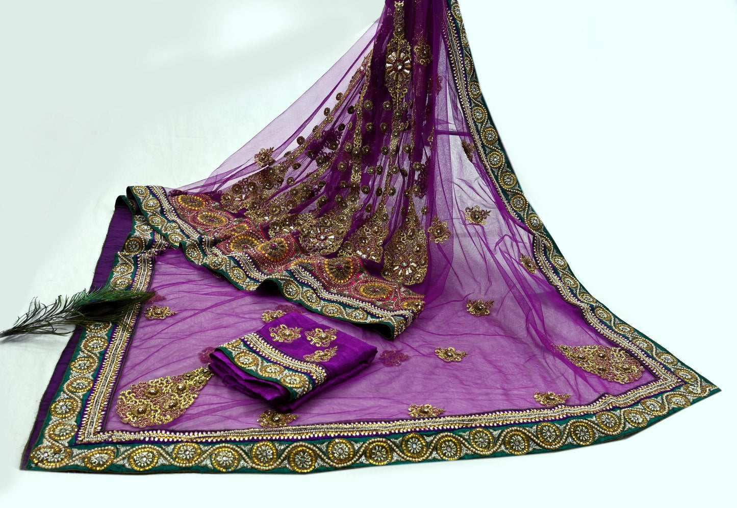 Indian New Heavy Sari Purple Net/Mesh Hand Embroidered Designer Manish Malhotra Lehenga Sarees 5Yd Ethnic Zardozi With Blouse Fabric
