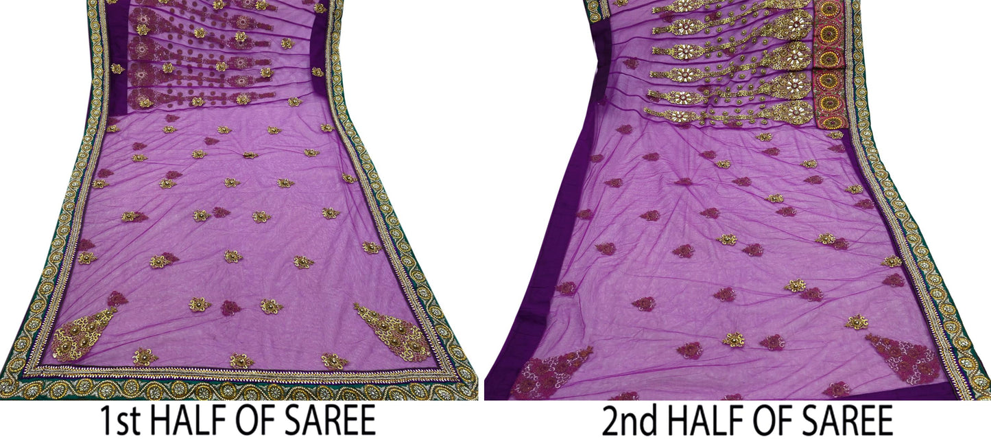 Indian New Heavy Sari Purple Net/Mesh Hand Embroidered Designer Manish Malhotra Lehenga Sarees 5Yd Ethnic Zardozi With Blouse Fabric