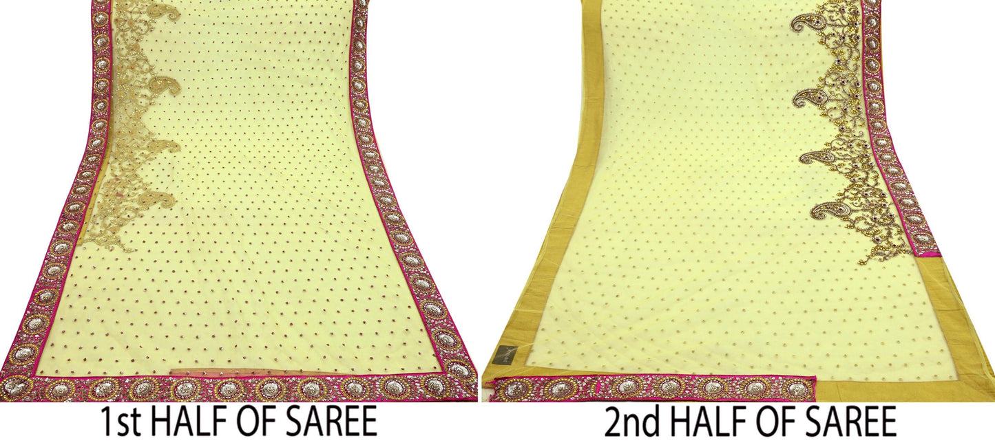 Indian New Saree Yellow Mesh/Net Hand Embroidered Sabyasachi Designer Sari 6Yd Soft Ethnic Bollywood Party saree With Blouse Fabric