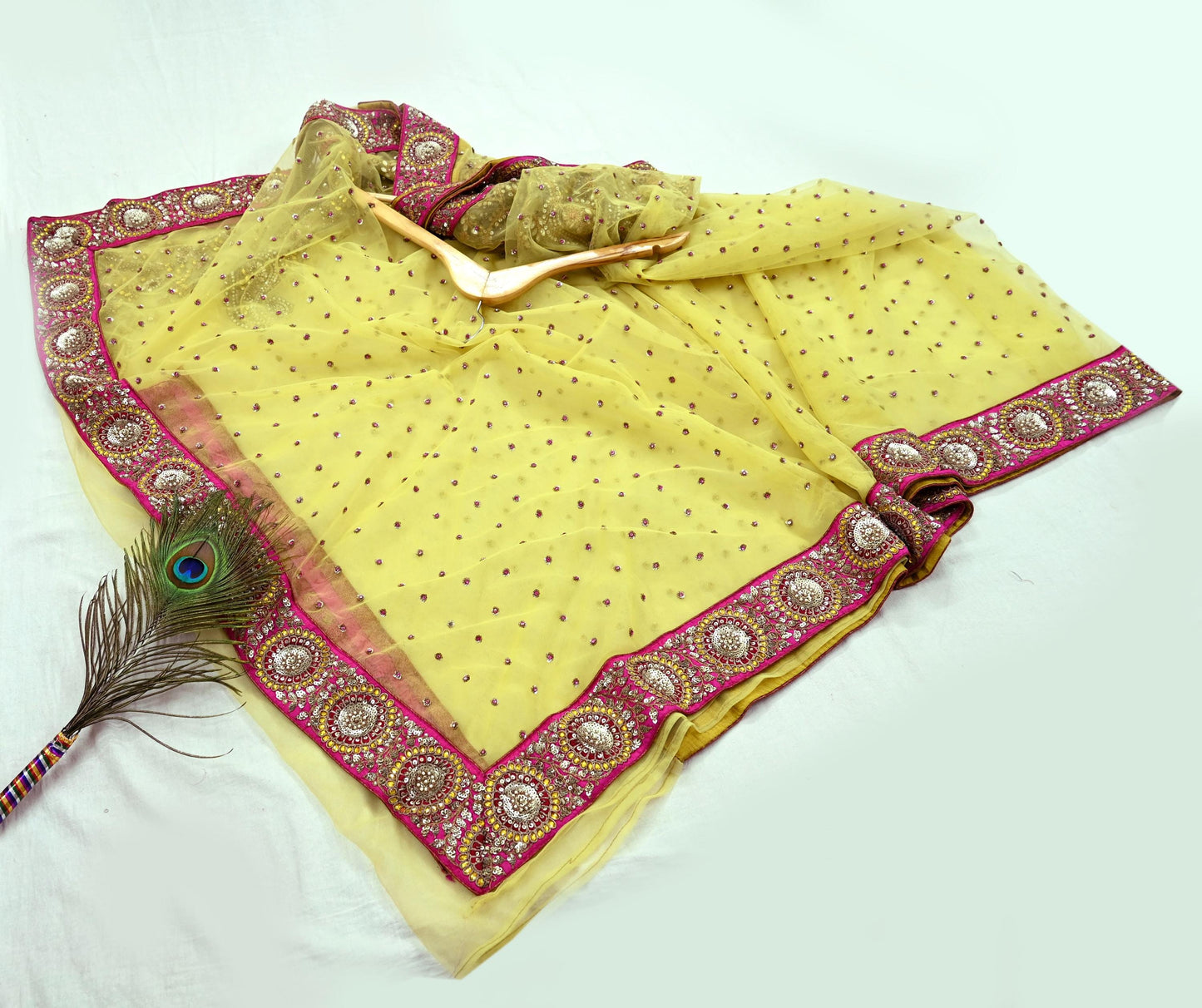Indian New Saree Yellow Mesh/Net Hand Embroidered Sabyasachi Designer Sari 6Yd Soft Ethnic Bollywood Party saree With Blouse Fabric