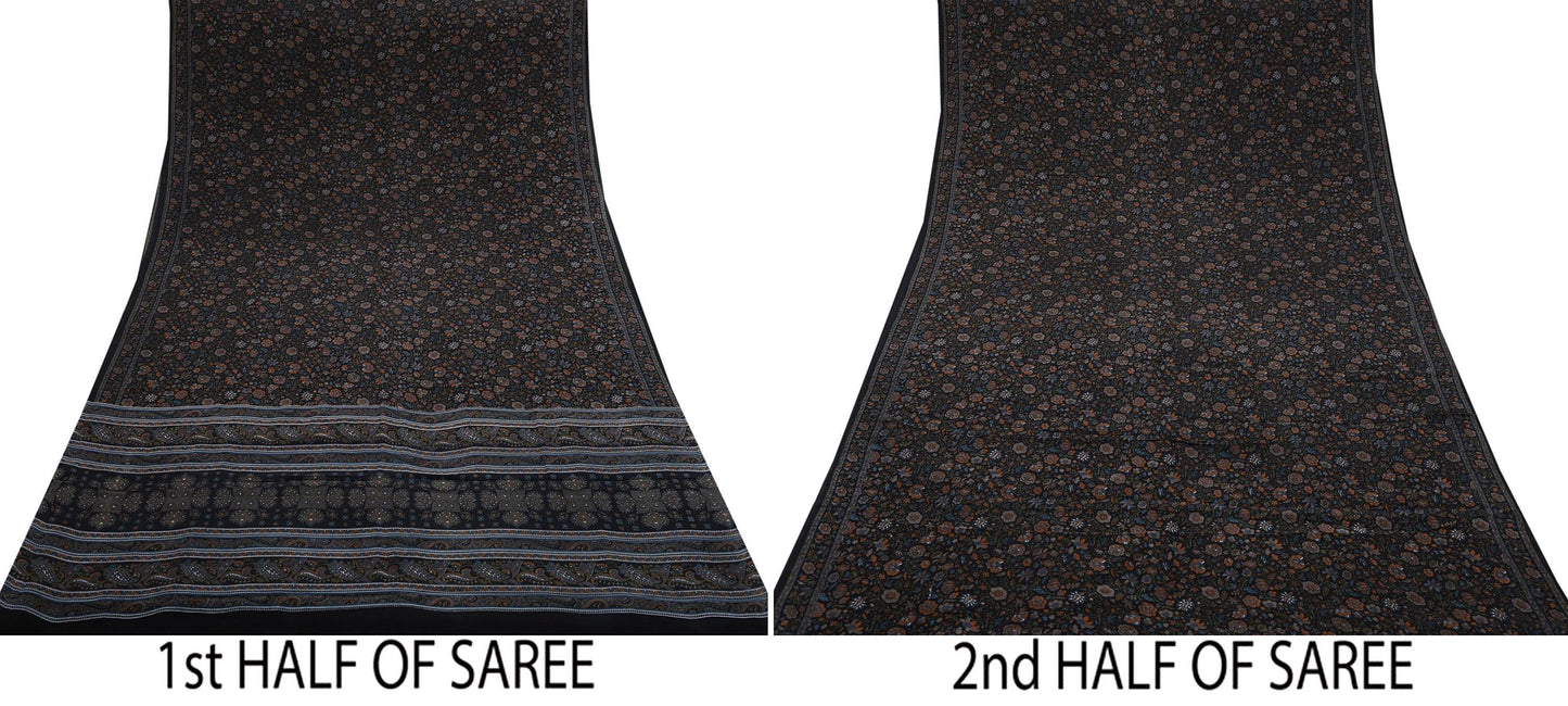 Indian Vintage Black Pure Crepe Silk Printed Saree | 5 Yards | Floral Craft Fabric | Soft Drape for Sewing, Dressmaking, Quilting &Upcycling