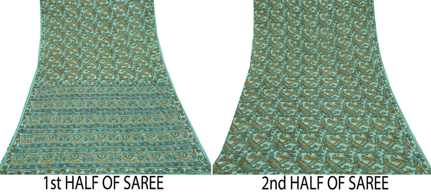 Indian Vintage Green Pure Silk Saree | Printed Floral & Striped Design | 5 Yards | Soft Craft Fabric for Dressmaking, Quilting, Upcycling