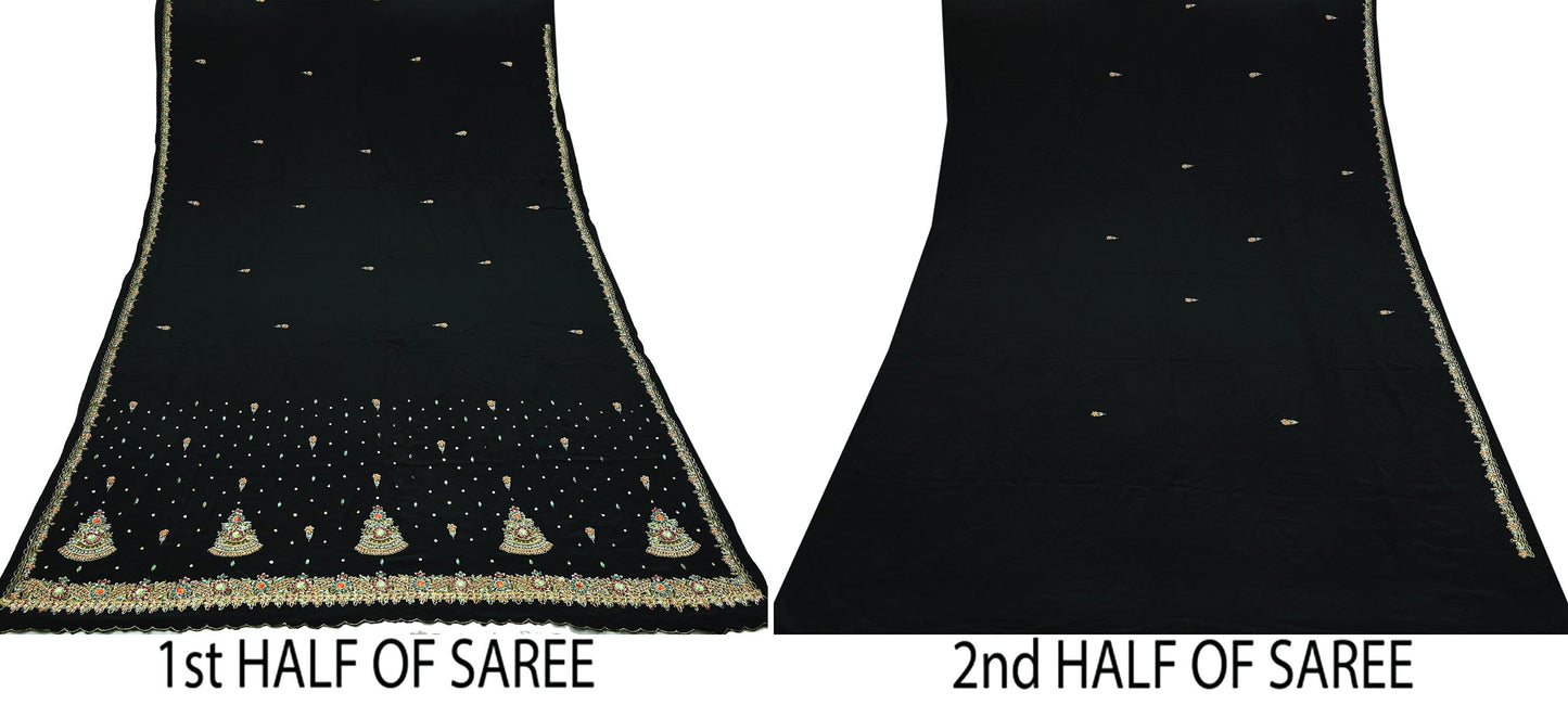 Indian Vintage Black Saree | Pure Crepe Silk | Hand Embroidered Zardozi Work | 5 Yards | Soft Craft Fabric for Sewing, Dressmaking Upcycling