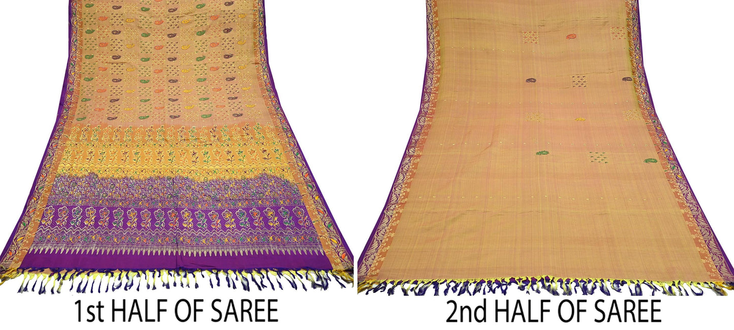 Indian Vintage Kanjivaram Saree | Heavy Hand Embroidered Pure Silk | Purple & Saffron Bridal Fabric | 5 Yards Dress Making Bollywood Sarees
