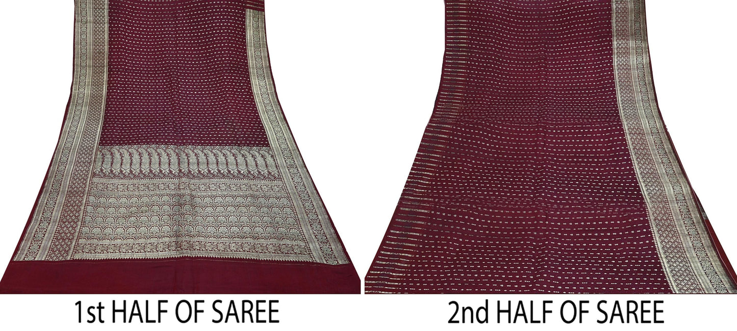 Vintage Banarasi Saree Pure Satin Silk Woven Brocade Zari Fabric Maroon Heavy Craft Sari 5 Yards Indian Antique Textile Dress Making