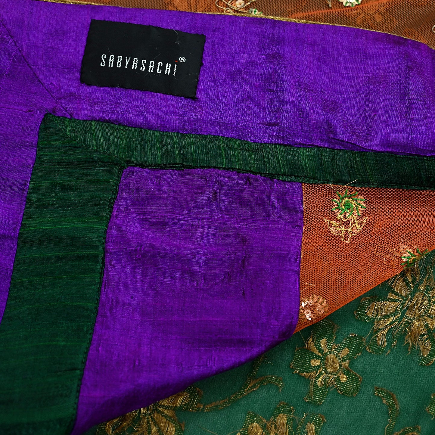 Indian Pre-Owned Sari Orange & Purple Net/Mesh Hand Embroidered Designer Sabyasachi Lehenga Sarees Ethnic Zardozi/Dabka Zari Wedding Sarees