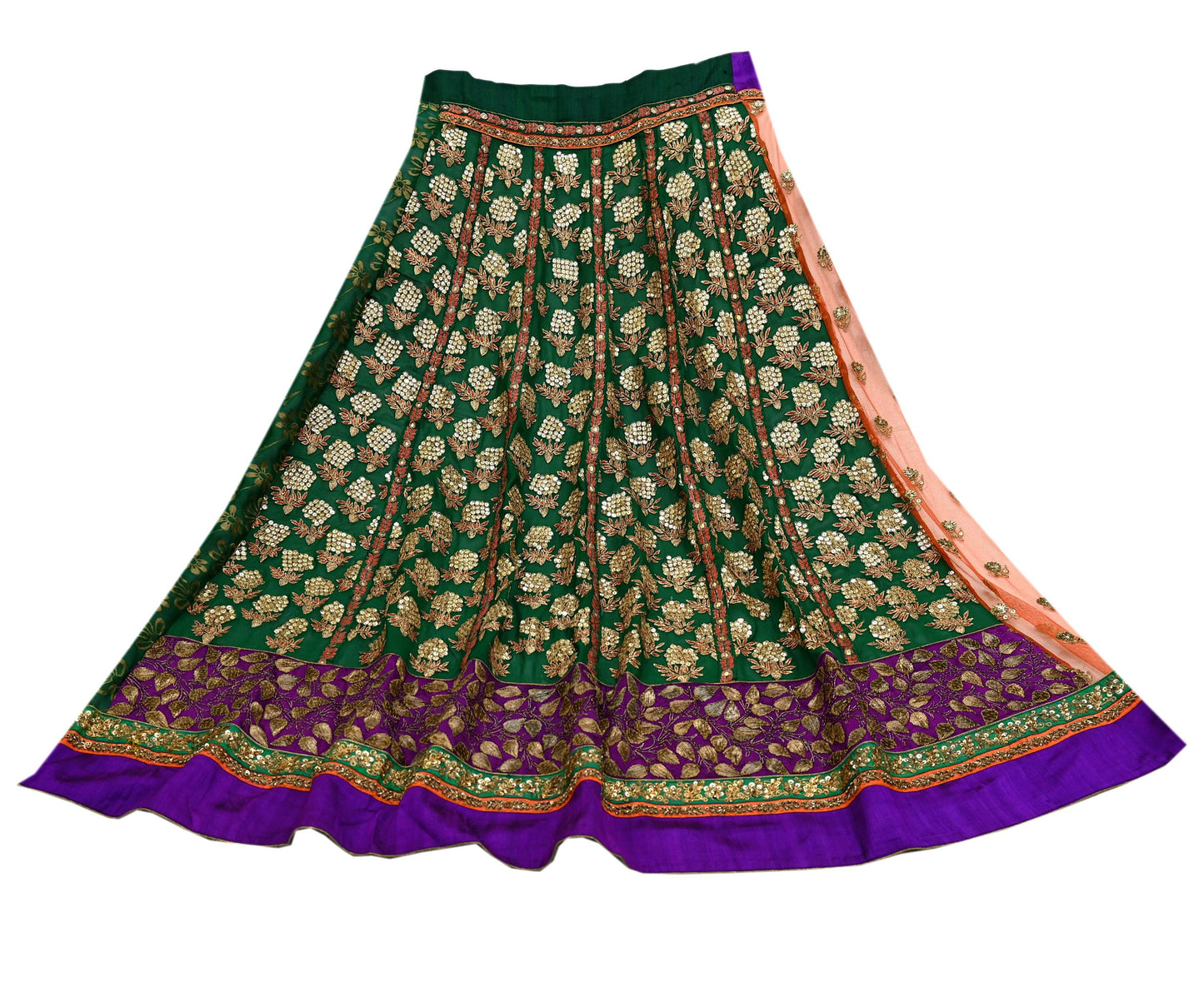 Indian Pre-Owned Sari Orange & Purple Net/Mesh Hand Embroidered Designer Sabyasachi Lehenga Sarees Ethnic Zardozi/Dabka Zari Wedding Sarees