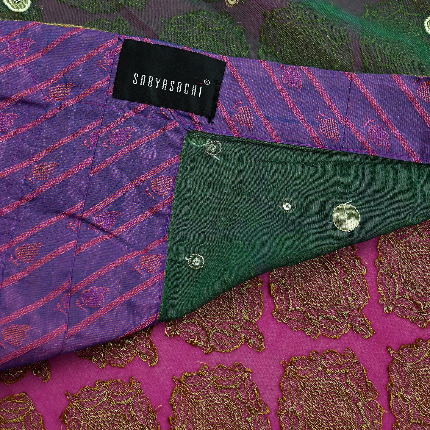 Indian New Sari Green & Purple Net/Mesh Hand Embroidered Designer Sabyasachi Sarees 6yd Ethnic Zardozi/Dabka Zari With Blouse Fabric