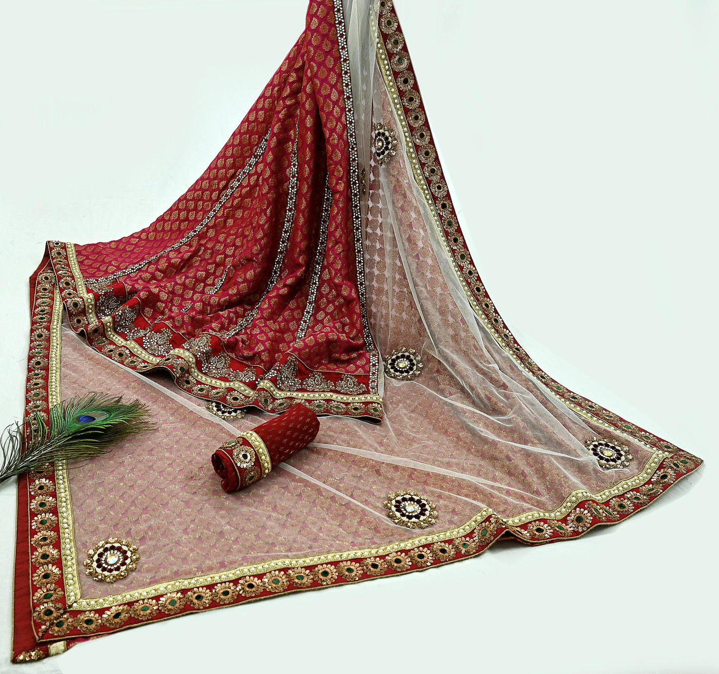 Indian New Sari White & Pink Net/Mesh Hand Embroidered Designer Sabyasachi Lehenga Sarees 5yd Ethnic Zardozi/Dabka Zari With Blouse Fabric