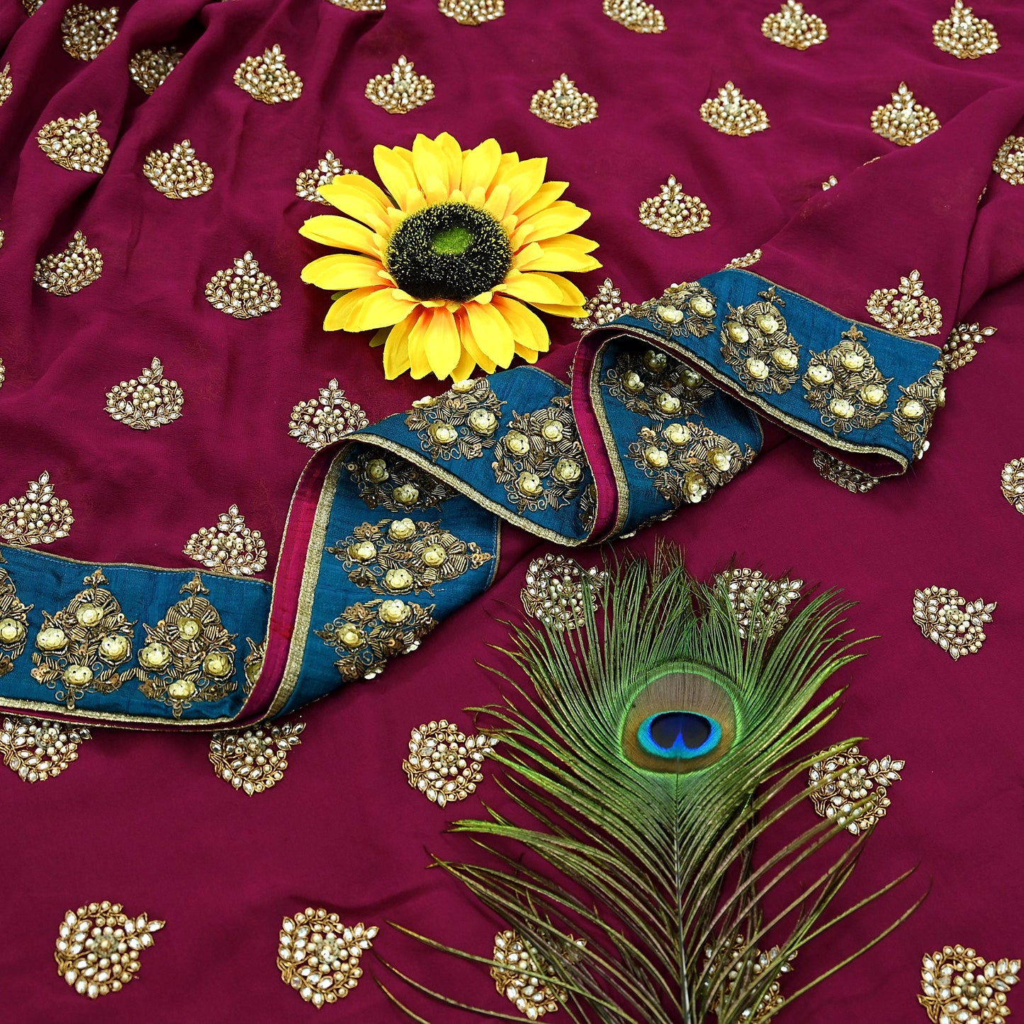 Indian Heavy Sari Maroon Pure Georgette Silk Hand Embroidered Sarees Designer Sabyasachi 6Yd Sewing Ethnic Sarees With Blouse Fabric