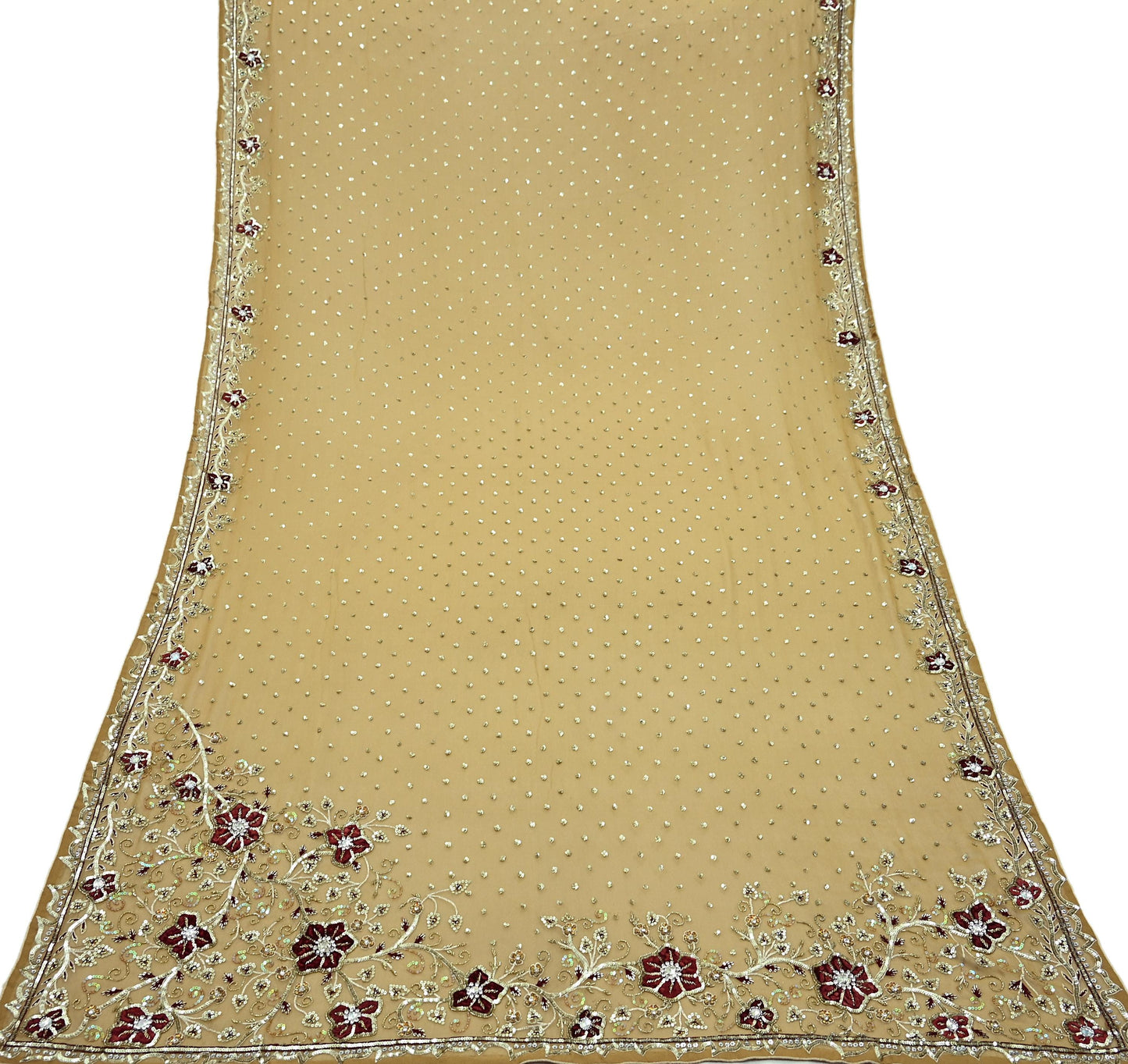 Indian Vintage Beige Dupatta Pure Georgette silk Long Stole Hand Embroidered Scarves Stole Veil Wrap Sequins