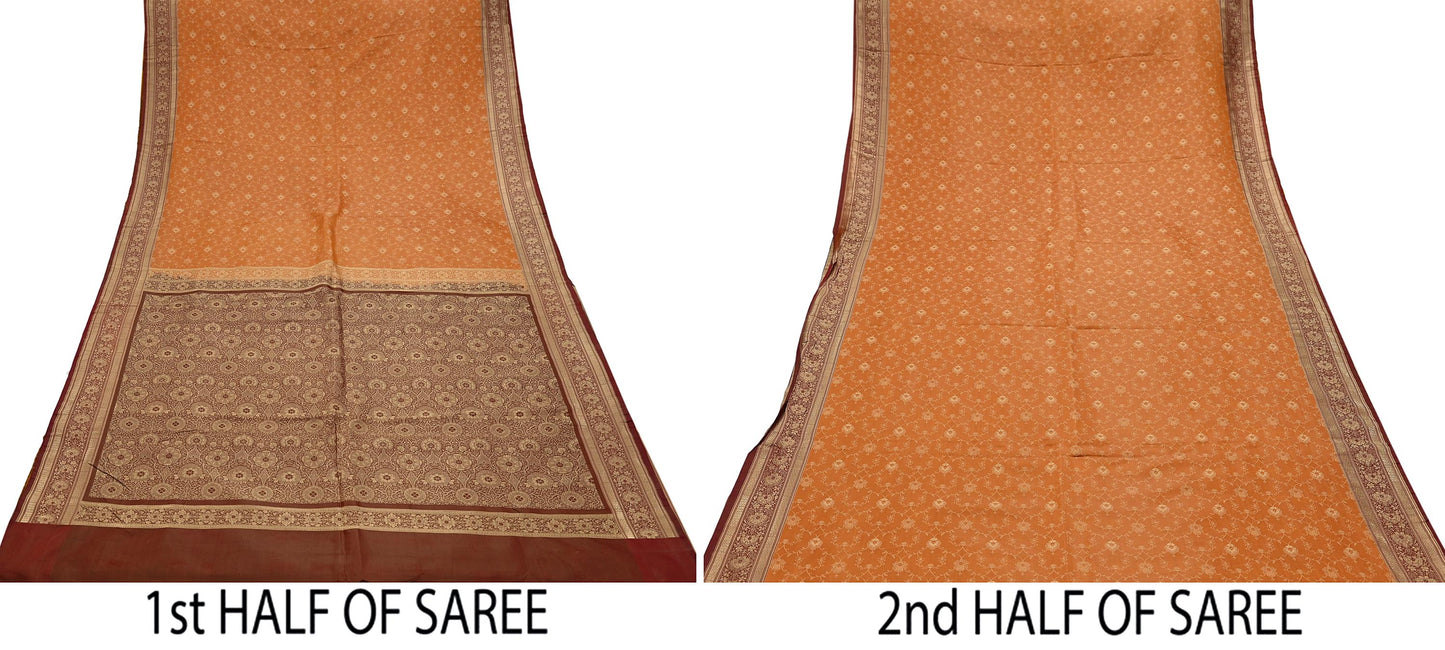 Indian Vintage Sari | Brown & Saffron | Pure Silk Woven Brocade | 5 Yards Craft Fabric Ethnic Sewing Crafting Quilting Dress making