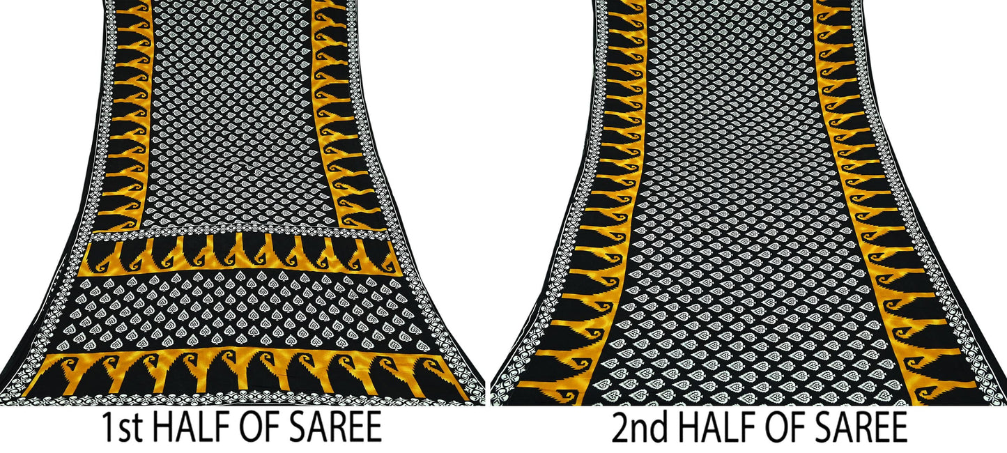 Indian Vintage White & Black Printed Pure Cotton Saree | 5 Yards | Soft Fabric for Sewing, Crafting, Quilting, Upcycling, Dressmaking, Boho