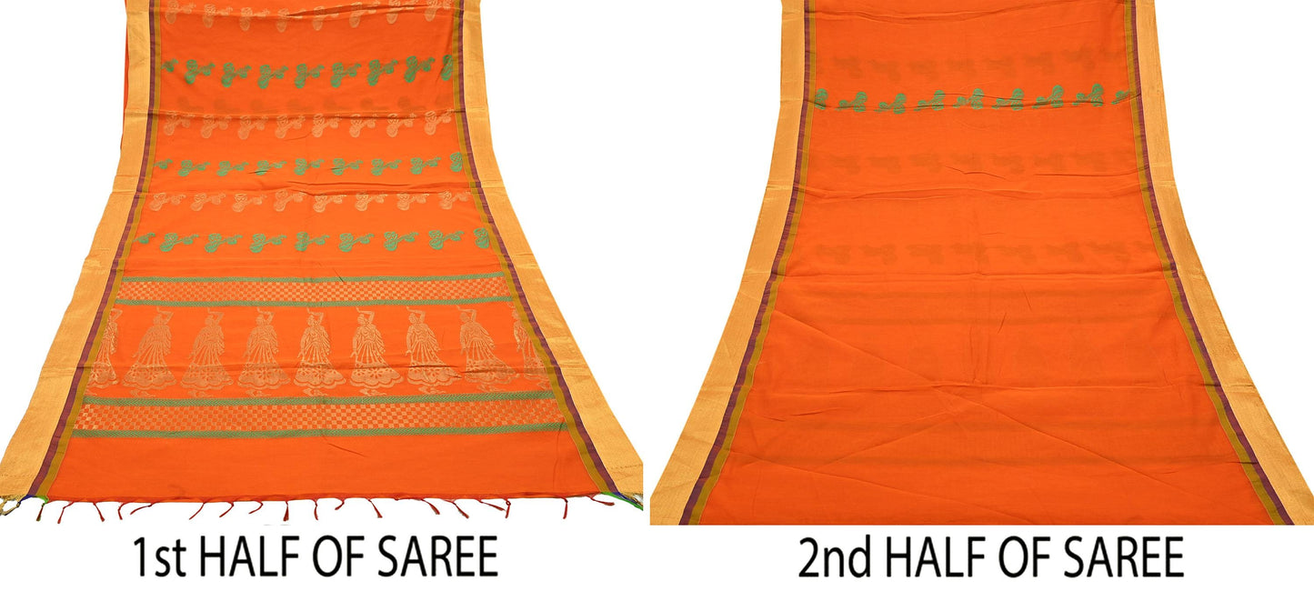 Indian Vintage Sari Orange Chanderi Cotton Hand Woven Sarees 6Yd Craft Fabric Soft Sewing Sarong Dress Making Quilting Crafting Zari Border